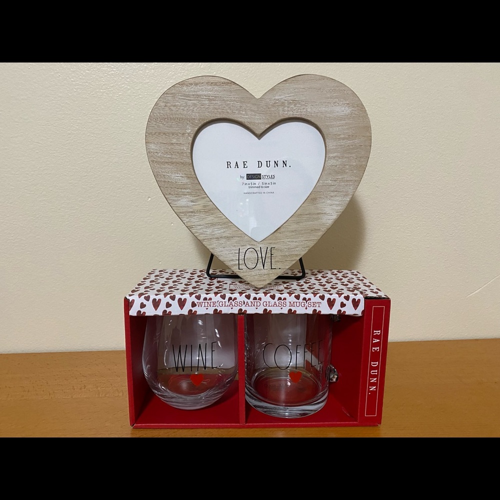 Rae Dunn bundle: heart frame, wine glass, and coffee mug NEW